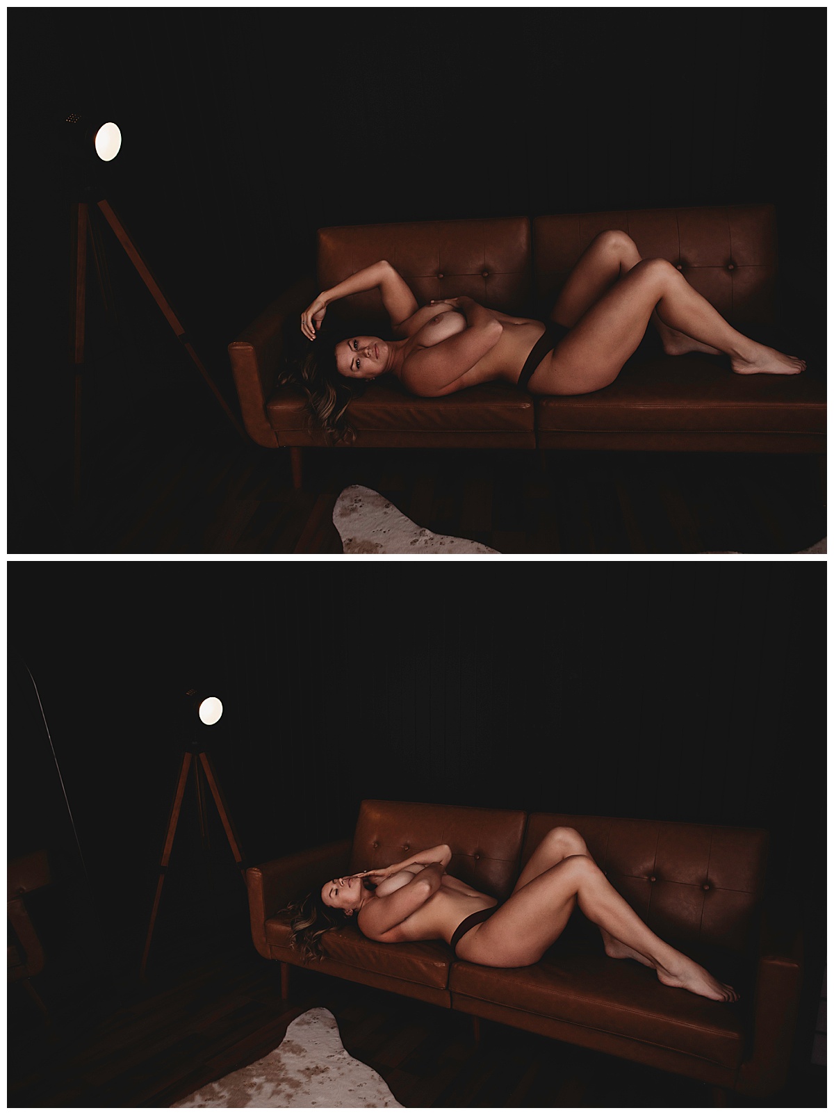 Woman lays on couch for Minneapolis Boudoir Photographer