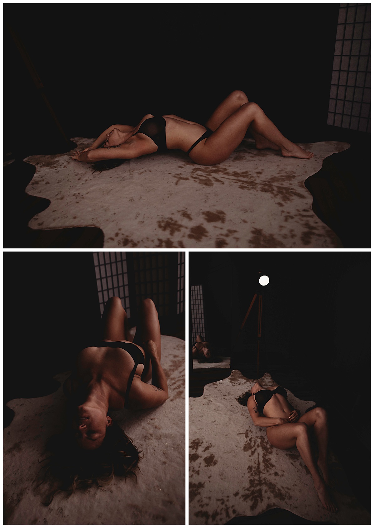 Woman lays on back by mirror for Minneapolis Boudoir Photographer