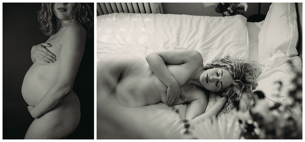 Mother lays on bed to symbolize The Beauty of Maternity