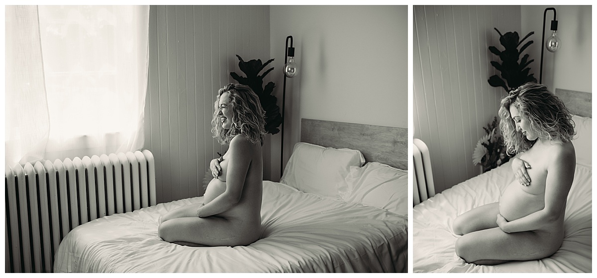 woman laughs with pregnant belly for Boudoir Photography Minnesota