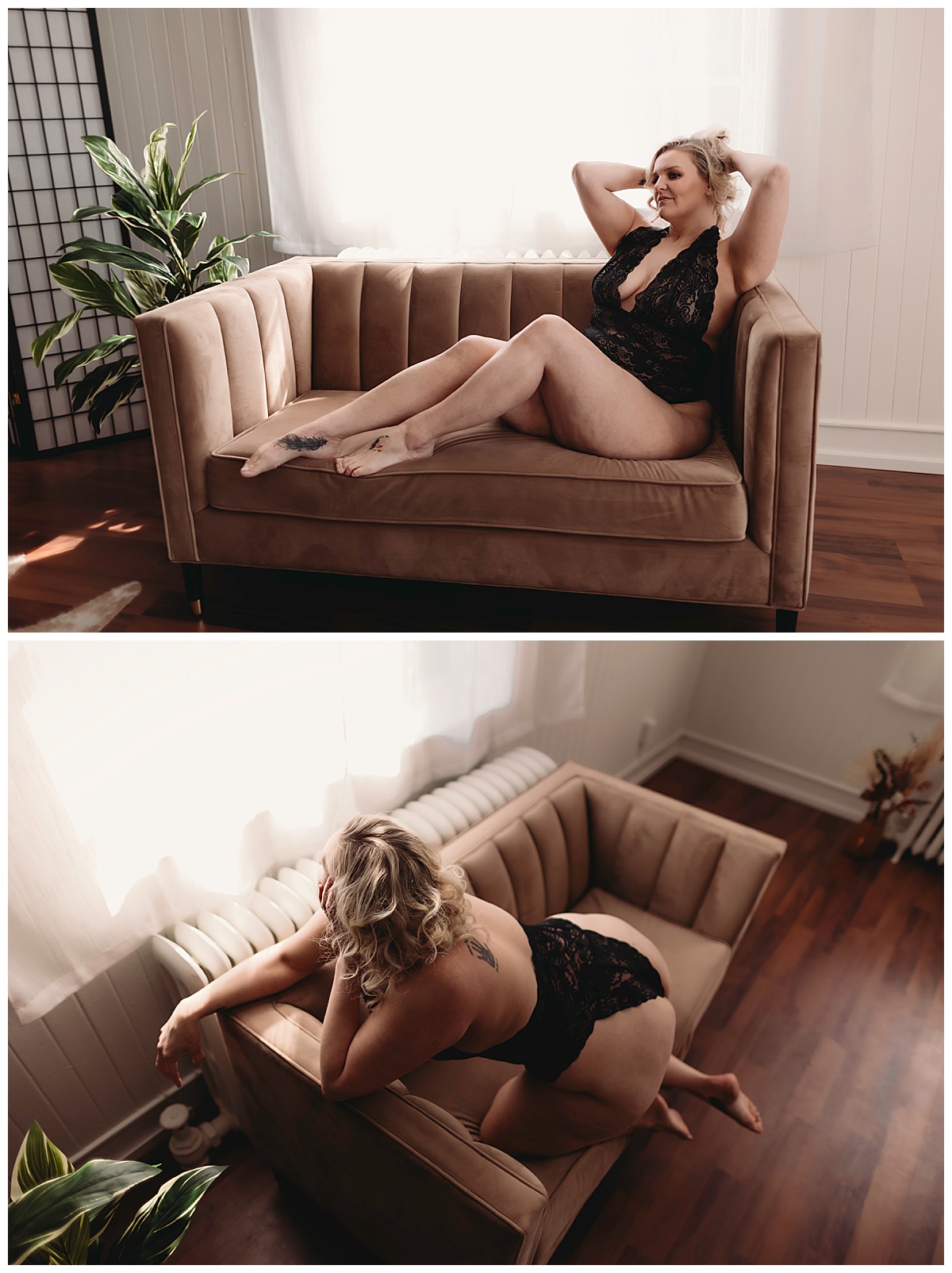 Woman sits on couch in black lingerie for Minneapolis Boudoir Photographer