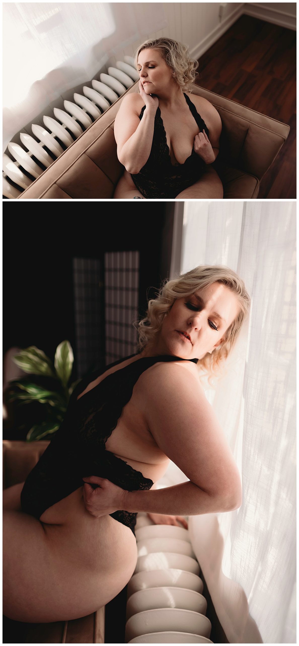 Blonde embraces self in black lingerie because you are More Than Your Size