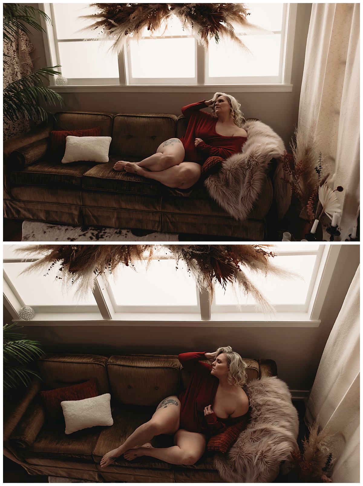 Woman sits on couch in red sweater for Minneapolis Boudoir Photographer