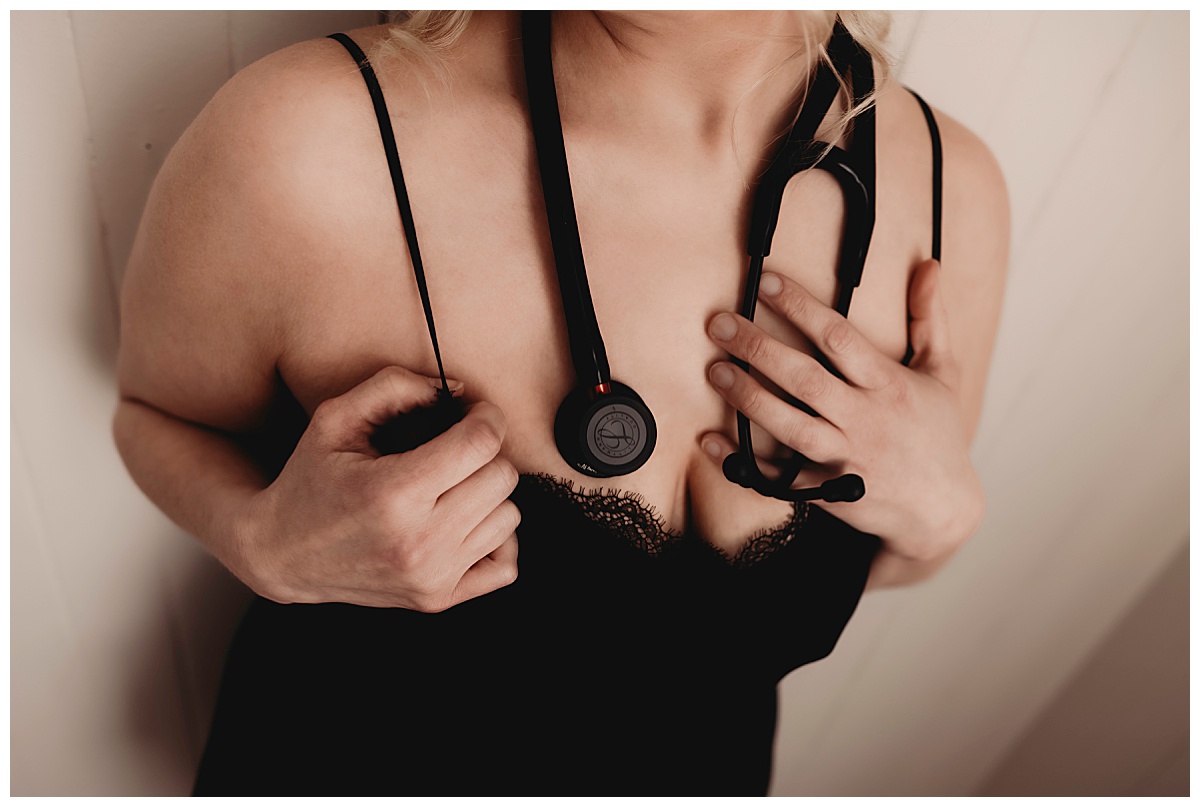 Stethoscope around woman's neck for Minneapolis Boudoir Photographer