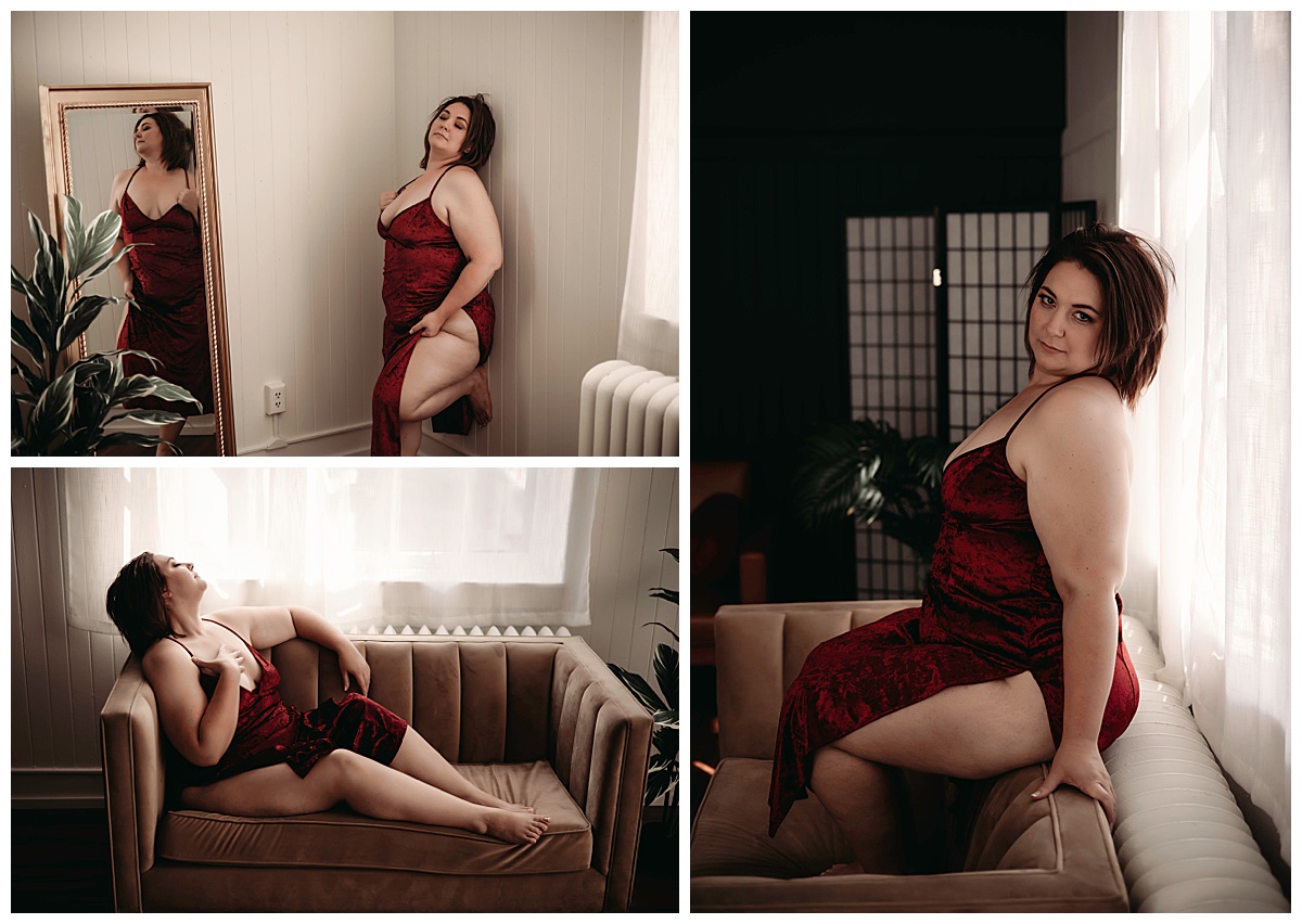 Brunette in velvet lingerie piece for Minneapolis Boudoir Photographer