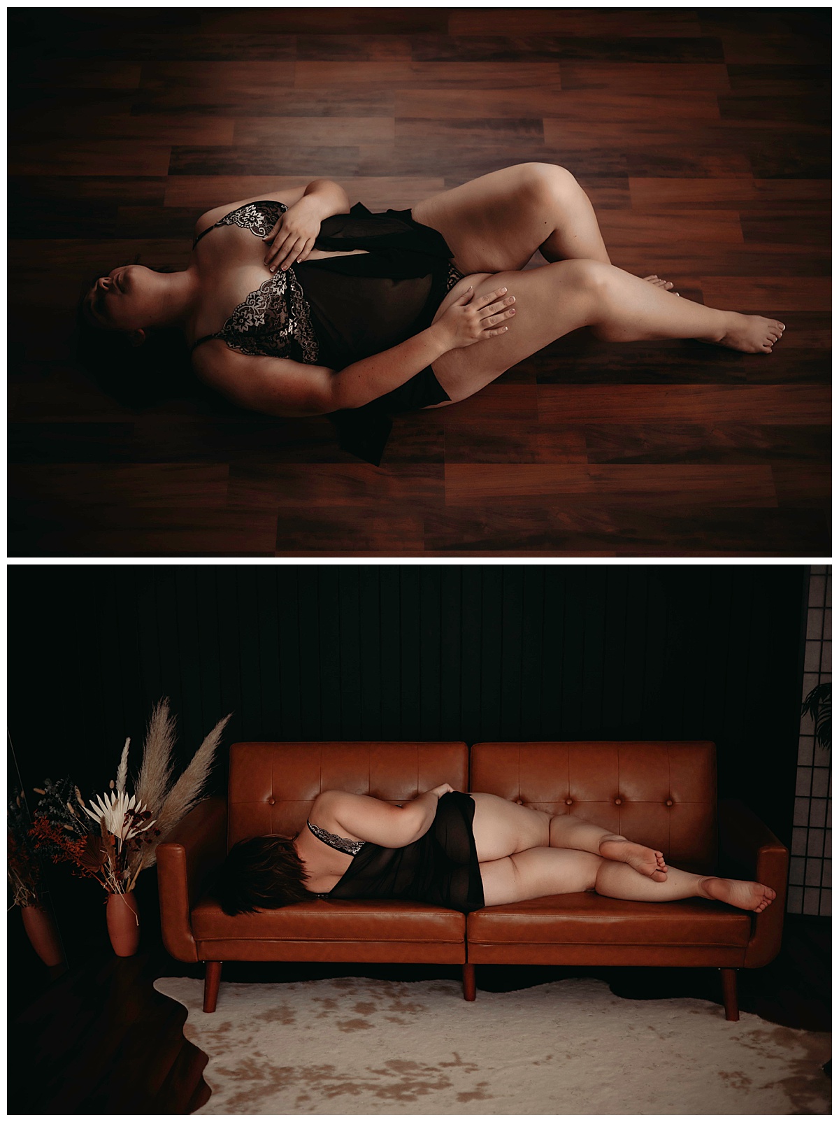Woman lays on the couch and floor for Minneapolis Boudoir Photographer