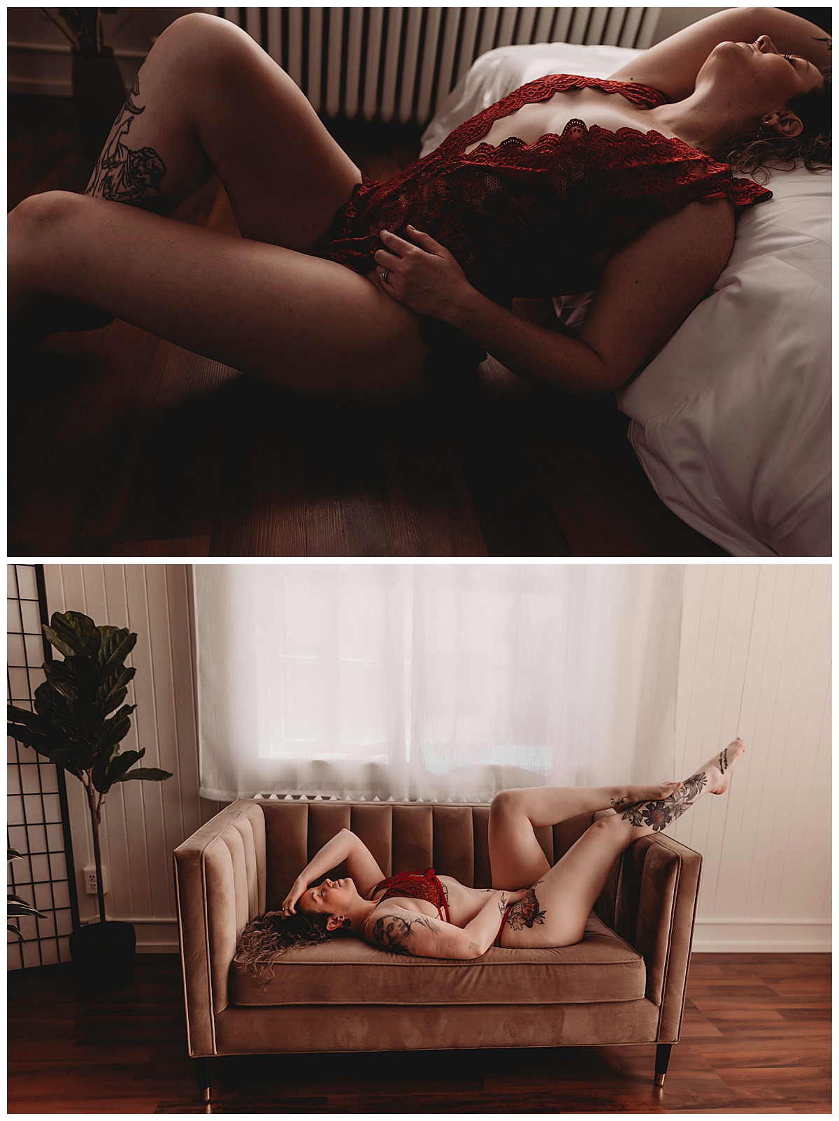 In red lingerie, woman lays down for Boudoir Photography Minnesota