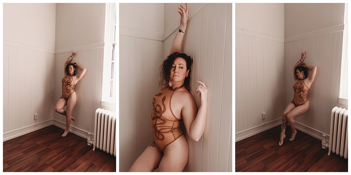Woman leans against wall for Boudoir Photography Minnesota