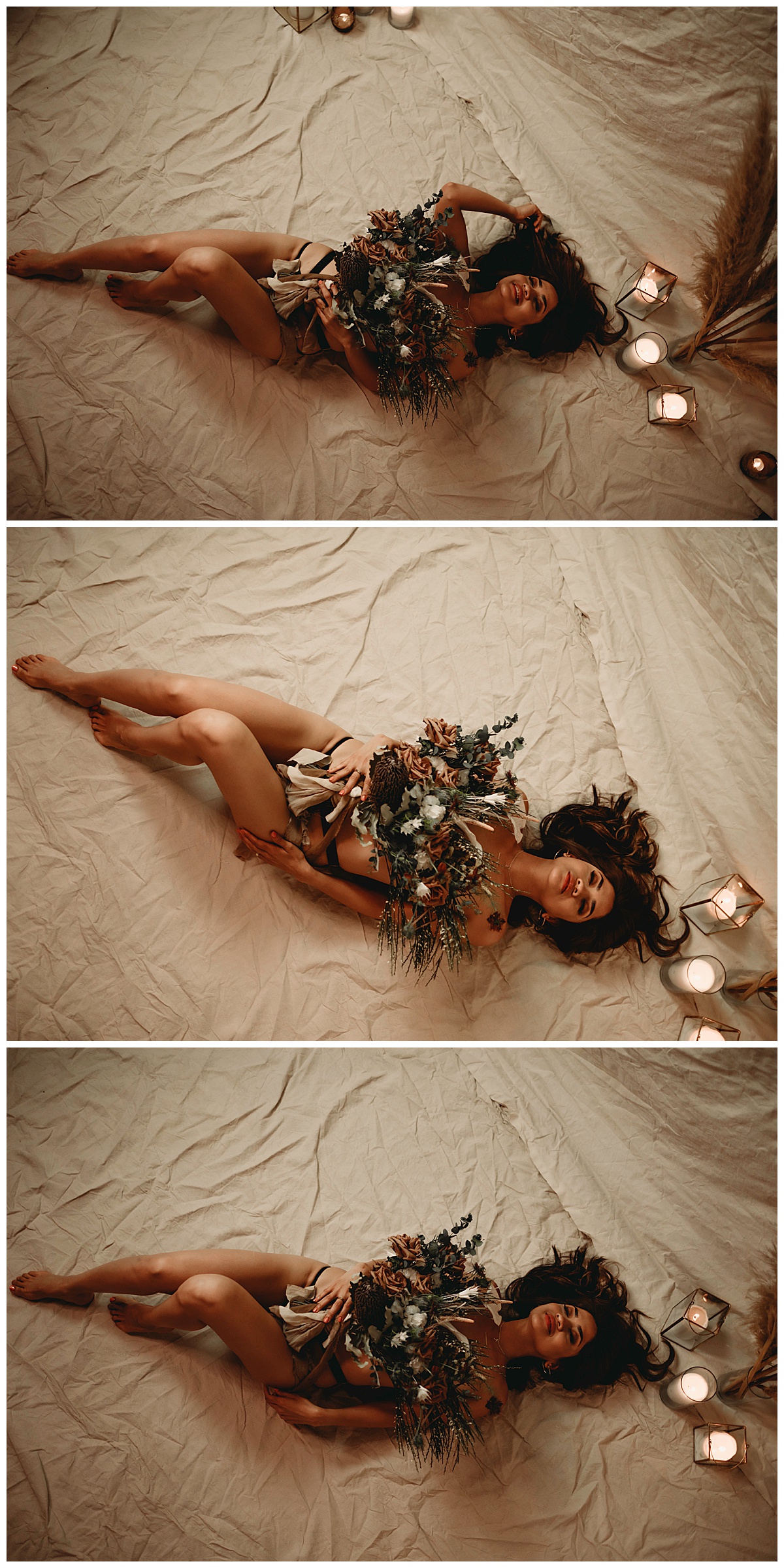 Woman lays on floor covered in floral bouquet for Throwback Session